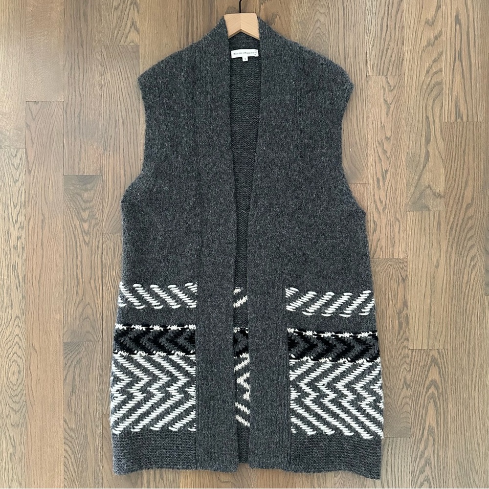 White + Warren Alpaca Jacquard Vest Charcoal Multi Longline Open Front Grey S